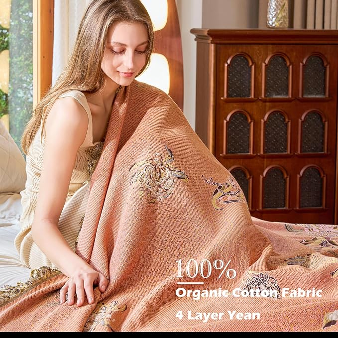 VANJOROY King Boho Throw Blanket 91" x 98", 100% Organic Cotton Breathable Skin-Friendly Ultra Soft Bed Quilt Throw - Floral Rustic Decor Luxury Reversible Blanket for Sofa Couch Chair and Gift