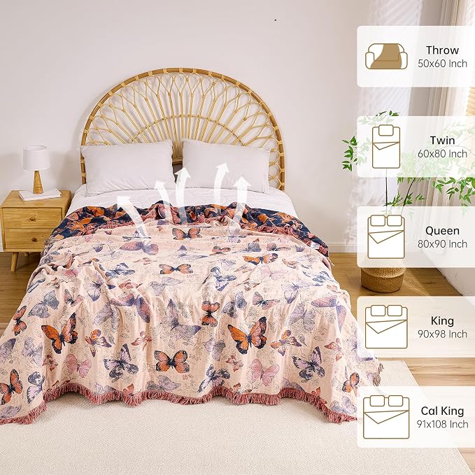 VANJOROY Boho Throw Blanket, 100% Organic Cotton Breathable Ultra Soft 91" x 108" King Bed Quilt Throw - All Season Floral Rustic Farmhouse Decor Luxury Blanket for Sofa Couch Chair and Gift