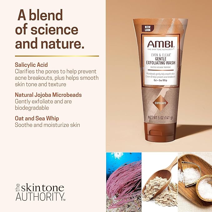 Ambi Even & Clear Gentle Exfoliating Wash with Oat and Sea Whip,Salicylic Acid Acne Treatment,Helps Clear & Prevent Breakouts,Exfoliates to Help Smooth Skin Tone-& Texture,5 Ounce,(Pack of 2)
