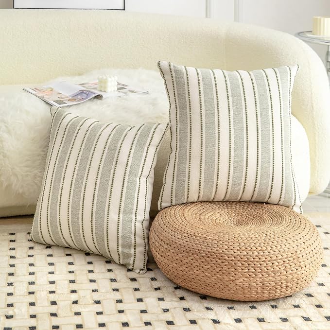 Cethom Decorative Boho Throw Pillow Covers, Farmhouse Textured Pillow Case, 18 x 18 Inch Set of 2, Chair Sofa Bedroom Living Room Home Decor Couch Cushion Case, Olive Green and Beige Striped