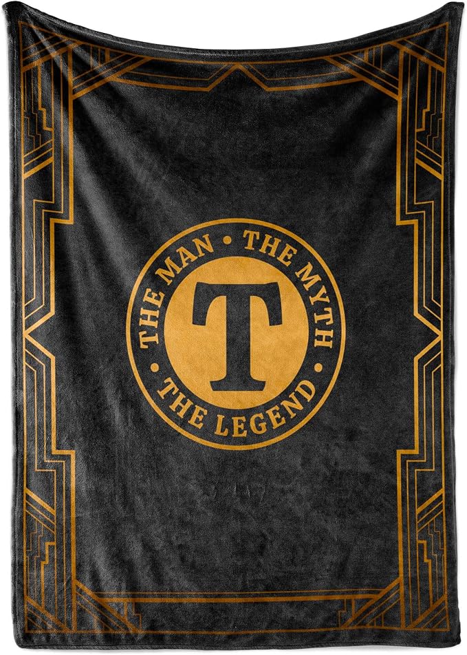 Gifts for Men, Initial Mens Blanket, Birthday Gift for Him, 50"x 65", T | Soft 350 GSM flannel throw with initial legend design for dads, husbands and grandpas, ideal for birthdays or Christmas