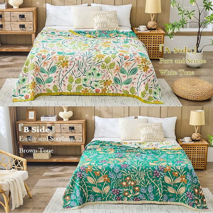 XIBLC Boho Throw Blanket 100% Cotton Vintage Blanket Muslin Woven Flower Decorative Throw Blankets All Season Bohemian Rustic Farmhouse Decor Quilt for Bed (Beige 60"x80")