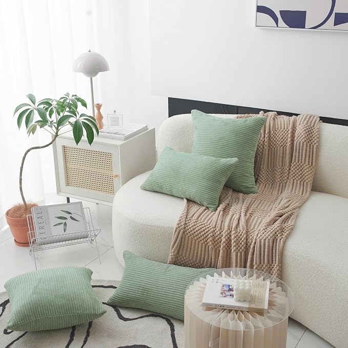 Home Brilliant Throw Pillow Cover Green Striped Corduroy Decorative Pillow Cover 20x20 Soft Square Plush Pillowcase for Sofa Chair Bed Decor, 20 x 20 inch (50cm), Iceberg Green