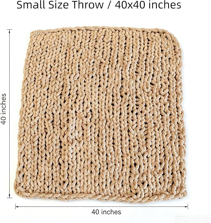 Soft Chunky Knit Throw Blanket for Couch, Cozy Warm Knitted Blankets | Hand Knit with Jumbo Chenille, Lightweight Warm Fluffy Decor for Women, Mom, Her & Girls, Sofa, Chair, Bed, 40"×40" (Tan)