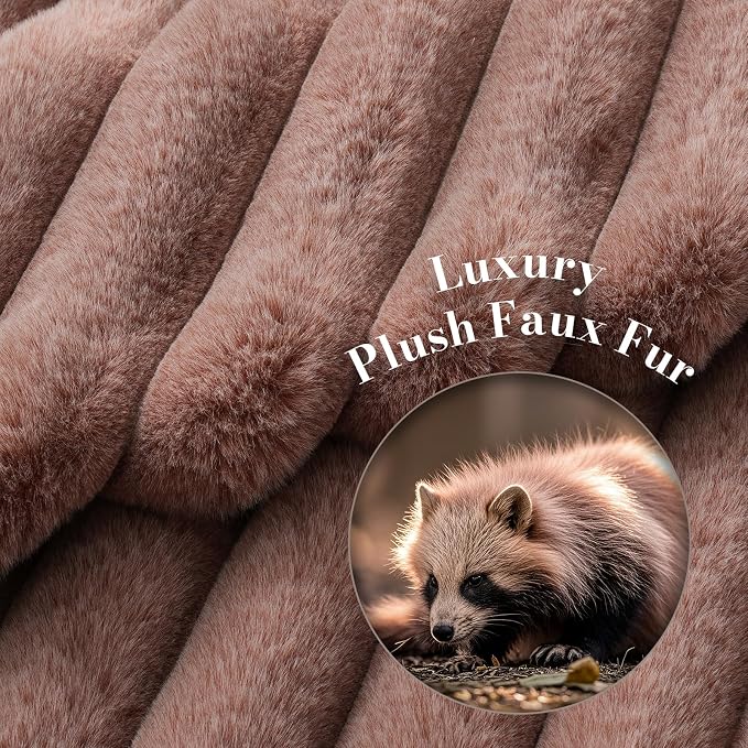 Faux Fur Throw Blanket for Couch, Ultra Cozy Fuzzy Fluffy Fur Luxurious Soft Striped Plush Gift Blankets for Family Sofa Chair Bedroom, 55"x70", Cationic Fox Pink Brown