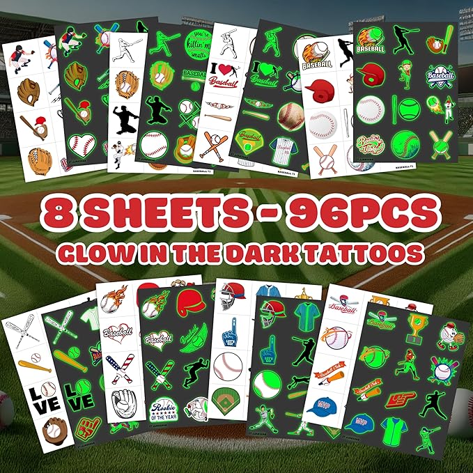 96PCS Baseball Pre-Cut Temporary Tattoos for Kids - Sports Themed Birthday Party Supplies, Fun Stickers for Boys & Girls, Party Favors, School Prizes, Summer Olympic Gifts (Glow in the dart)