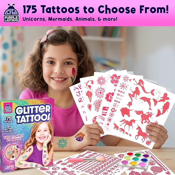 PURPLE LADYBUG 175-Piece Temporary Glitter Tattoos Kit for Kids & Teens - Christmas Gifts for 6 7 8 9 10-12 Year Old Girl Birthday, Craft for Girls 8-12, Ideal Stocking Stuffers for Holiday Party