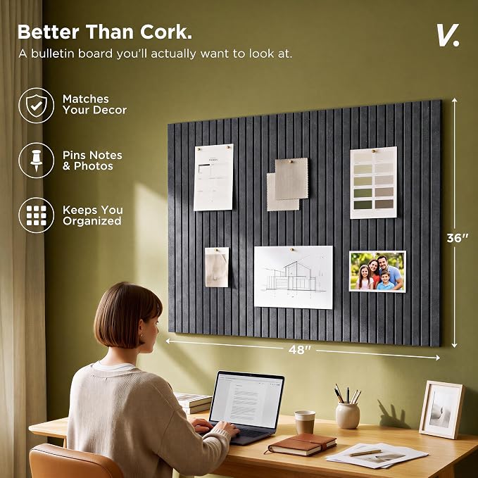 Large Felt Bulletin Board 48 x 36 Inch - 12-Pack Square Acoustic Wall Panels, Cork Board Alternative, NRC 0.95, Damage-Free Adhesive, Slatted Design for Home, Classroom (Moonstone)