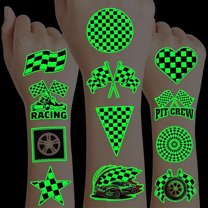 96 PCS Funny Race Car Checkered Flag Glow In The Dark Pre-Cut Black and White Temporary Tattoos Sticker Birthday Party Decorations Supplies Favors Gifts Boys Girls (Luminous)