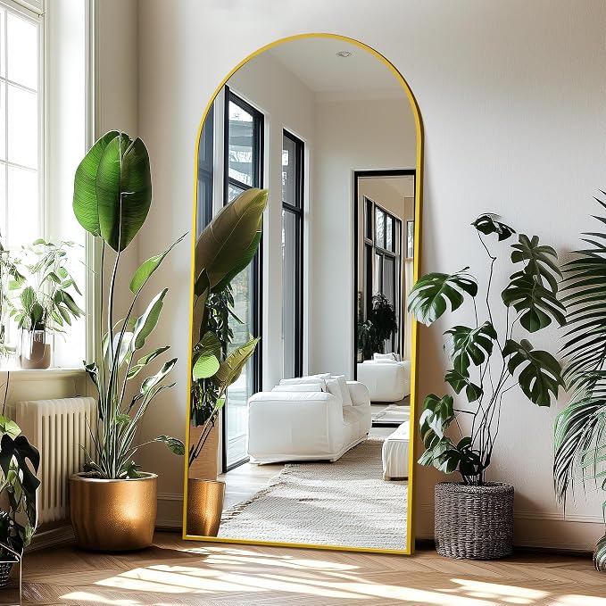 Arched Full Length Mirror with Stand, 75x35 Gold Floor Mirror | Aluminium alloy frame with HD float glass for distortion-free reflection. Free standing or wall mounted.