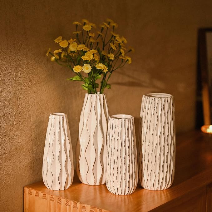 VICTOR & TERESA Ceramic Vase for Flowers, 8'' Set of 2 Decorative White Vases for Home Decor, Farmhouse Vases for Pampas Grass, Table, Mantel, Living Room, Shelf, Centerpieces, Gifts for Mom