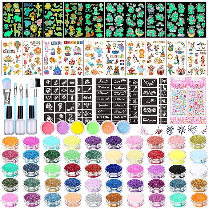 TEUVO Kids Glitter Tattoo Kit with 50 Colors Glitter Powder, 132 Stencils, 10 Luminous Sticker, 6 Glow-in-the-Dark Powder, Body Face Glitter Makeup Temporary Tattoos for Halloween Christmas Birthday