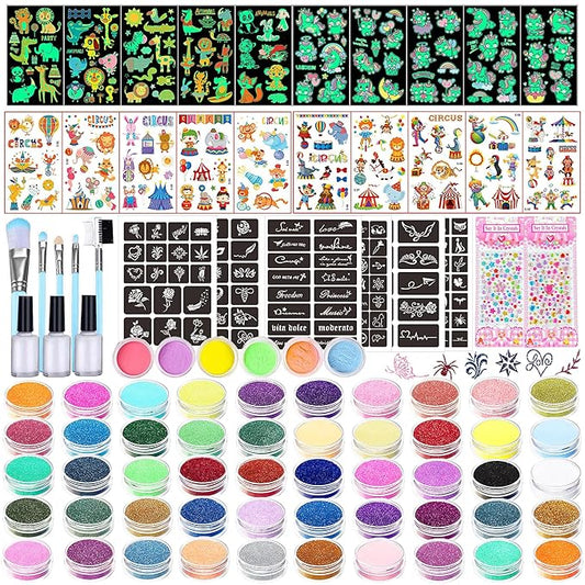 TEUVO Kids Glitter Tattoo Kit with 50 Colors Glitter Powder, 132 Stencils, 10 Luminous Sticker, 6 Glow-in-the-Dark Powder, Body Face Glitter Makeup Temporary Tattoos for Halloween Christmas Birthday
