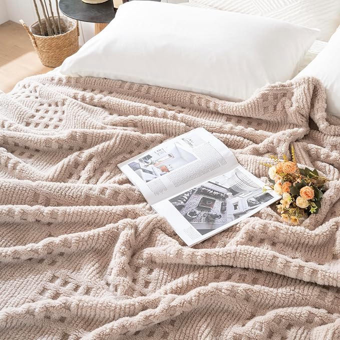 60x80 Inch Waffle Brown Twin Blanket -Fluffy Fleece, Neutral Tan Color, Cute & Aesthetic, Perfect for Sofa, Couch, Chair, Bed, Living Room & Bedroom, All-Season Use, Plush & Cozy Decorative Blanket