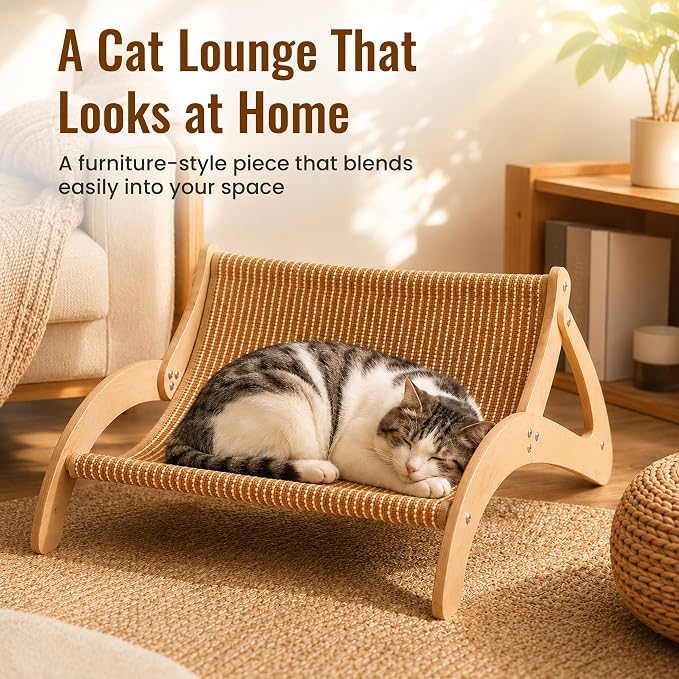 XL Sisal Cat Scratcher Bed for Large Cats|Stable Wood Cat Lounge|21x21x10 | No Cardboard Mess Woven Surface Furniture-Style Look Less Floor Clutter Daily Claw Care 2-in-1 Scratch & Rest