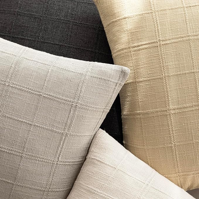 Foindtower Set of 2 Decorative Linen Check Throw Pillow Covers Neutral Farmhouse Vintage Cushion Covers Modern Coastal Boho Home Decor for Sofa Chair Couch Bedroom Living Room,20×20 Inch,Light Grey