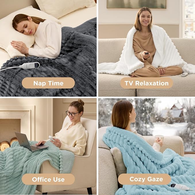 Bedsure Electric Blanket Twin - Thick Striped Fast Heating Electric Blanket with Preheat Function, 6 Heat & 6 Timer (Up to 10H), 8H Auto Off, ETL Certified, Gifts for Grandma (62"x84", Green)