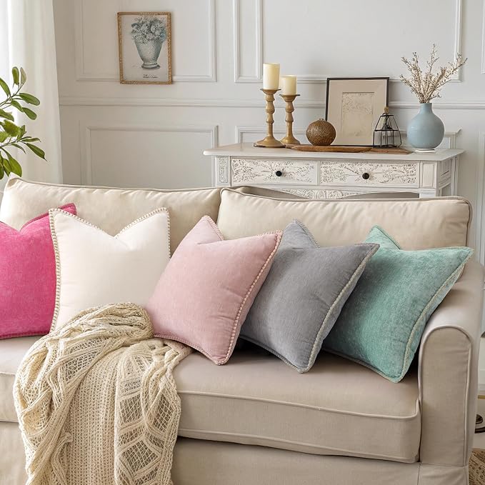 decorUhome Soft Chenille Throw Pillow Covers 12x20 Set of 2 Neutral Gray | Fall Textured Decorative Throw Pillow Cases Stitched Edge Modern Farmhouse Luxury Boho Velvet for Couch Sofa Bed Home Decor