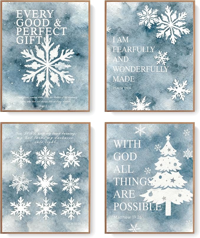 LARTSFRO Christmas Winter Gifts Wall Art Decor Posters, Christmas Snowflakes Christian Room Bathroom Bedroom Dorm Wall Art Decor Aesthetic for College Teen Girls Gifts, Inspirational Bible Verses Winter Wall Decor, 10x8 Inch Set of 4 Pcs Christmas Pict...