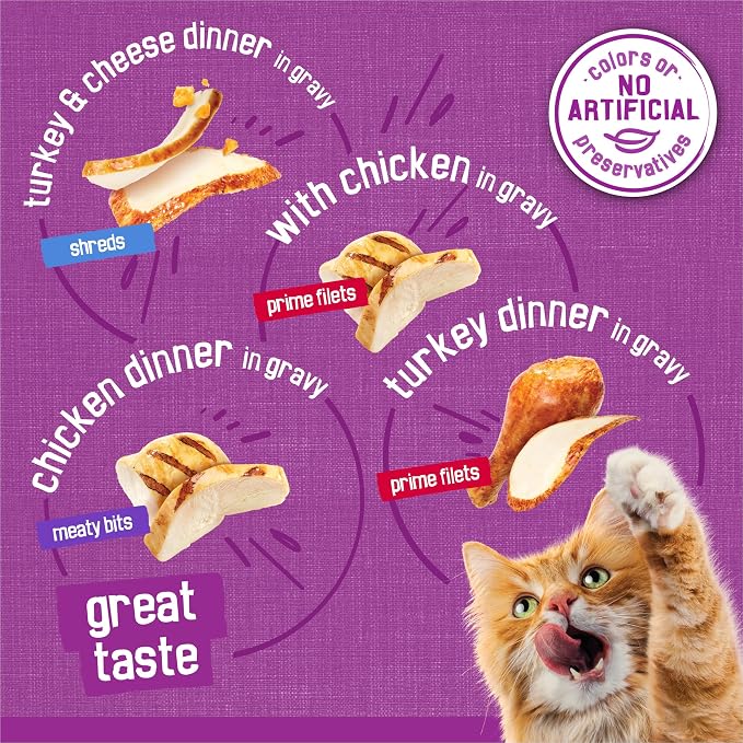 Friskies Purina Gravy Wet Cat Food Variety Pack, Poultry Shreds, Meaty Bits and Prime Filets - 5.5 oz. Cans (Pack of 64)