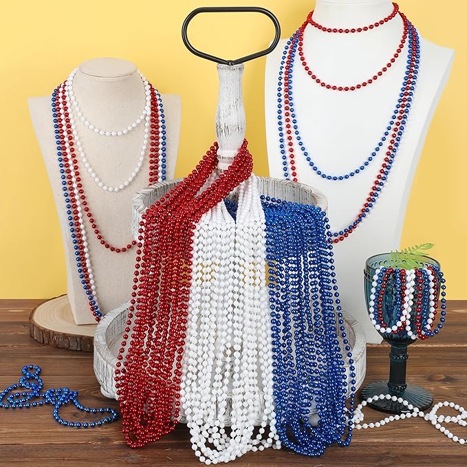 4th of July Necklace Decorations, 30PCS 4th of July Beads Necklaces Accessories, Metallic Patriotic Independence Day Red Blue White Bulk, Beads Necklace for Memorial Day Patriotic Parades Party Favors