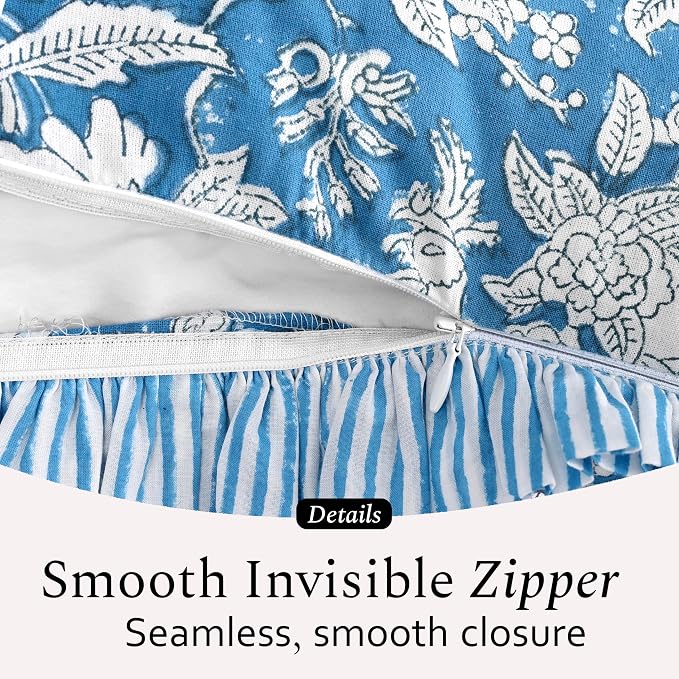 CPC Block Print Ruffle Throw Cover Blue Sapphire 24"x24" Inch Pack of 2-100% Cotton Ruffle Couch Decorative Boho Pillows Case for Living Room, Bedroom, Sofa, Farmhouse Gift for Spring, Mother's Day
