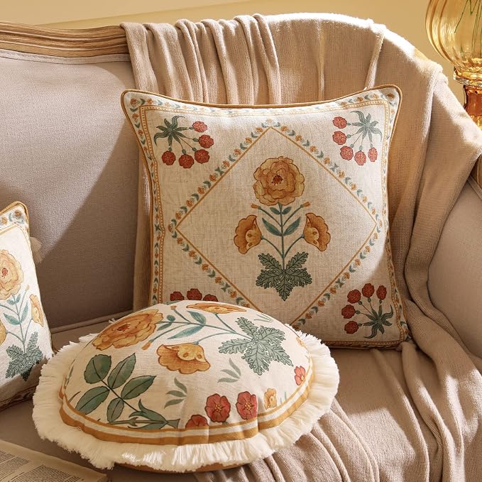 patdrea Vintage Linen Throw Pillow Cover,Diameter 16"-RosaSilvestre E | French Decorative Pillow Case,Yellow Floral Pattern,Cushion Coverfor Couch Living Room Bedroom,Fringe Trim