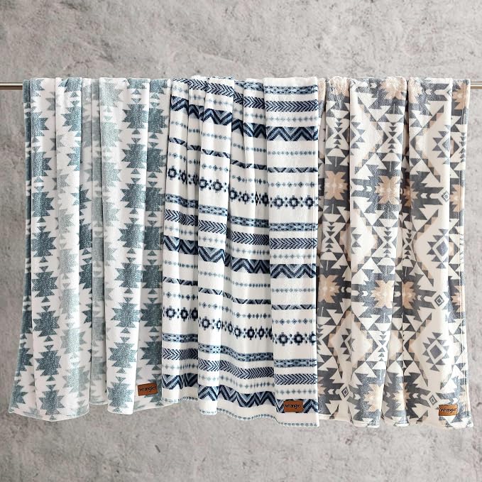 Wrangler - Blanket, Super Soft Sherpa Bedding, Yellowstone Inspired Throw Blanket for Couch or Bed (Canyon Ikat Blue, 50" x 60")