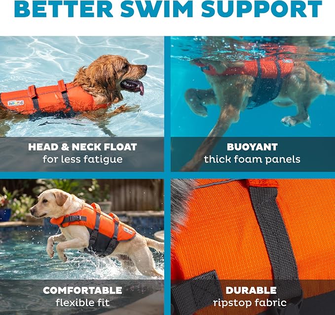 Outward Hound Granby Splash Dog Life Jacket, Life Vest, Orange, Large | Max Buoyancy, Adjustable Fit, Head/Neck Support, Rescue Handle, Reflective, Swimming & Boating, Large Dogs (28–32" Girth)