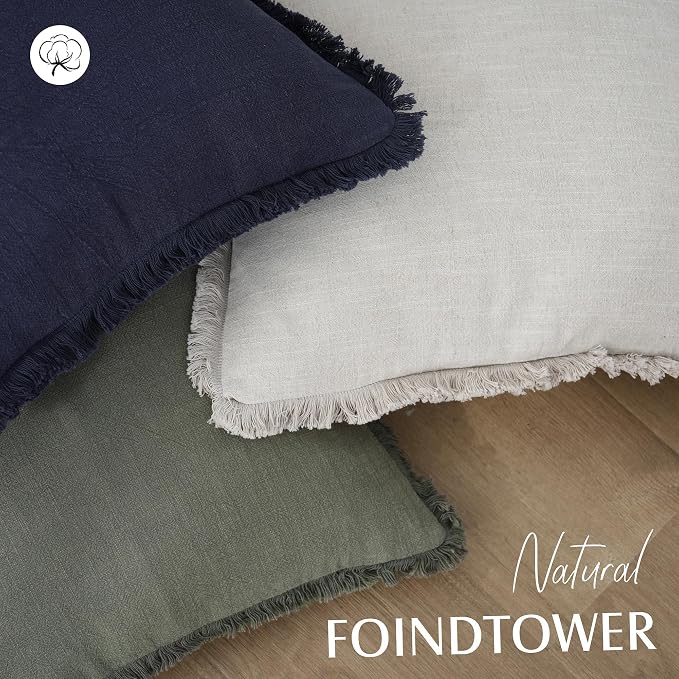 Foindtower Set of 2 Decorative Linen Fringe Throw Pillow Covers Cozy Boho Farmhouse Cushion Cover with Tassels Soft Accent Pillowcase for Couch Sofa Bed Living Room Home Decor, 24×24 Inch, Olive Green