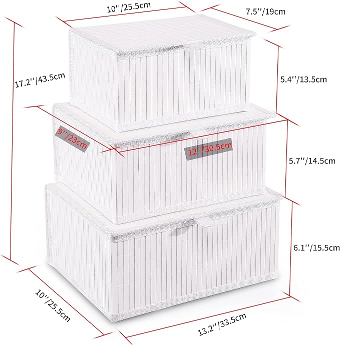 Honygebia Bamboo Decorative Storage Boxes - Set of 3 Woven Lined Storage Basket with Lids, White Wicker Lidded Baskets for Home Kitchen Shelf Organizer Decor