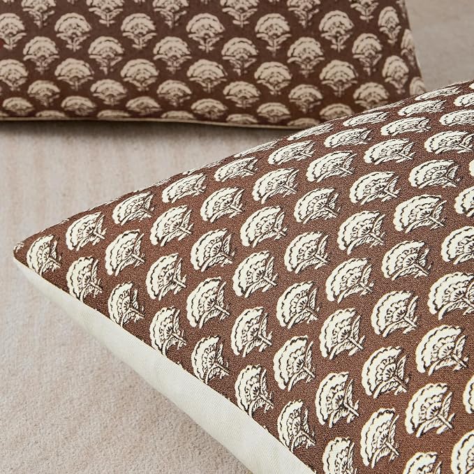 MIULEE Fall Floral Print Decorative Pillow Covers 20x20, Dark Brown | Vintage Boho Farmhouse Modern Home Decor, Set of 2, Block Print Cushion Covers for Couch Sofa Bed Living Room
