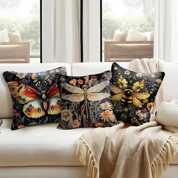 Vintage Dark Dragonfly Bee Butterfly Pillow Covers 18x18 Double-Sided Set of 3,Insect Gifts for Women,Vintage Dark Cottagecore Floral Botanical Insects Decorative Throw Pillow Covers for Home