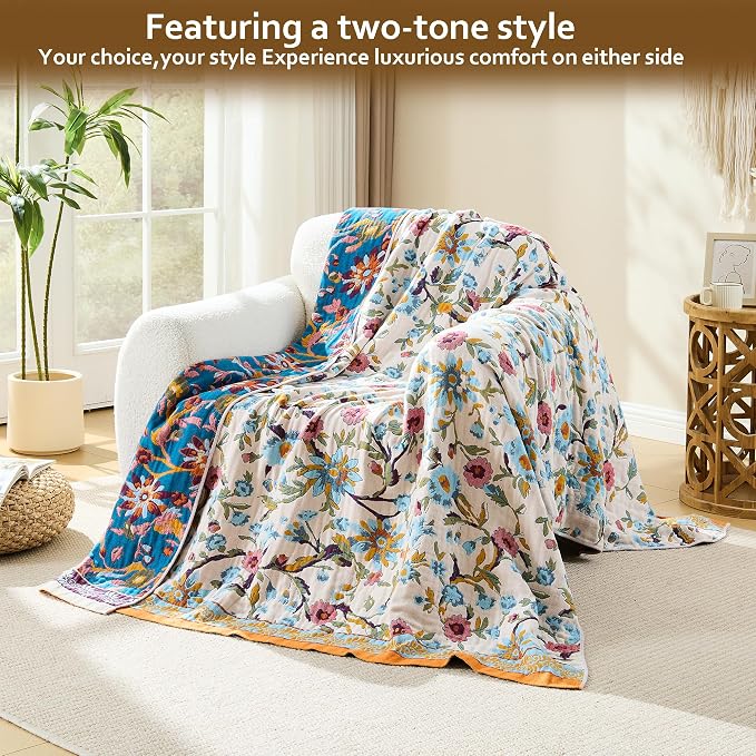 VANJOROY King Boho Throw Blanket, 100% Organic Cotton Breathable Skin-Friendly Ultra Soft 91" x 98" Bed Quilt Throw - Floral Rustic Decor Luxury Reversible Blanket for Sofa Couch Chair and Gift