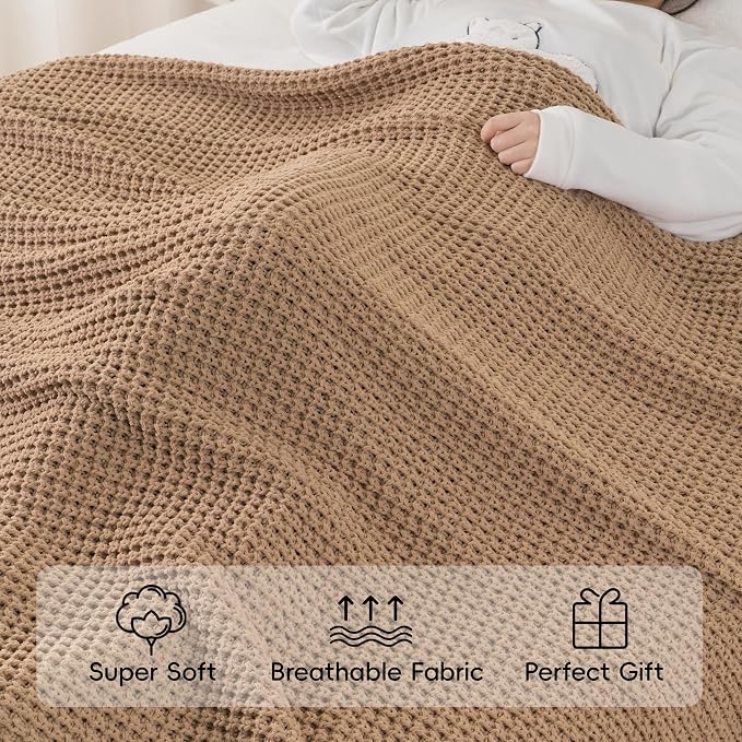 Beige Throw Blanket for Couch, Tan Waffle Knitted Throw Blankets 60"x80" | Farmhouse Throw Blanket for Home Decor, Neutral Knitted Beige Blanket, Decorative Soft Chunky Chenille Throw for Bed Sofa