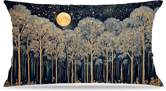 Rustic Dark William Morris Night Forest Moon Decor Pillow Covers 20x12,Vintage Gold Botanical Nature Landscape Decorative Throw Pillow Covers for Home Bedroom Living Room