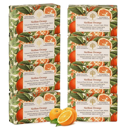 Wavertree & London Sicilian Orange Scented Natural Soap (8 Bars), 7oz Moisturizing French Triple Milled Soap Bars enriched with shea butter - Pure Plant Oil Bath & Body Soap for All Skin Types