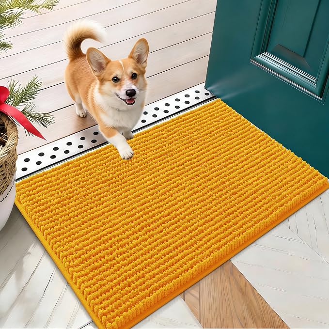 OLANLY Dog Door Mat for Muddy Paws 24x16, Extra Absorbent Chenille Mud Mat | Golden Yellow, Absorbs Moisture and Dirt, Non-Slip Machine Washable Doormat, Quick-Drying Indoor Entryway Floor Mat for Dogs