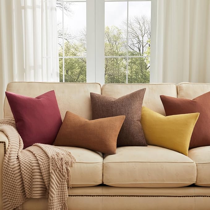 Rustic Linen Throw Pillow Covers Set of 2, Burgundy 24x24in | Textured Pillow Case, Rustic Cotton Linen Fabric, Modern Farmhouse Cushion Covers for Sofa Bed Living Room Home Decor