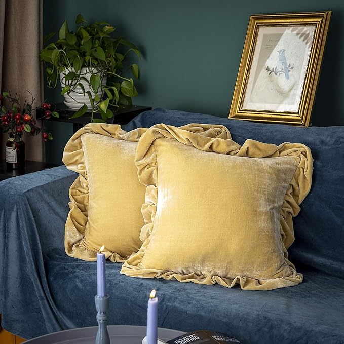 GLORY SEASON Velvet Throw Pillow Cover Soft Decorative Luxurious Solid Square Cushion Case for Sofa Couch Bedroom Farmhouse,Pack of 2, 18 x 18 Inches, Butter Yellow