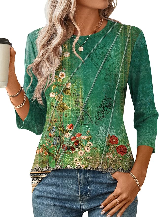 LOMON 3/4 Length Sleeve Womens Tops Spring Summer Fashion 2026 Tops Crew Neck Pleated Shirts Tunic Top Loose Fit