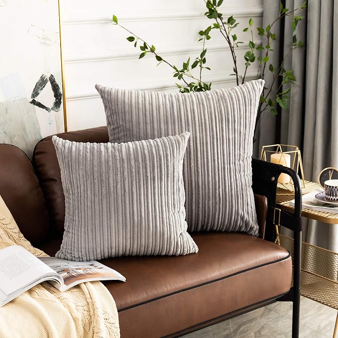 UGASA Super Soft Plush Corduroy Pillow Covers Solid Textured Large Throw Euro Pillow Sham Cushion Cover for Couch Floor, 2 Pcs, 16 x 16, Light Grey
