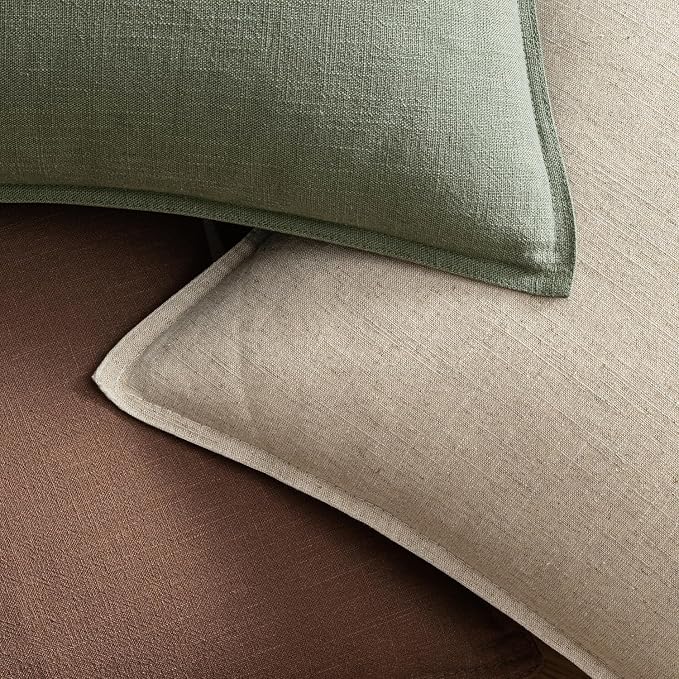 EMEMA Euro Sham Decorative Linen Throw Pillow Covers 22x22 Inch Olive Green | Boho Farmhouse Neutral Couch Throw Pillows for Bed Pack of 2 Accent Pillowcase Modern Sofa Cushion Livingroom Home Decor