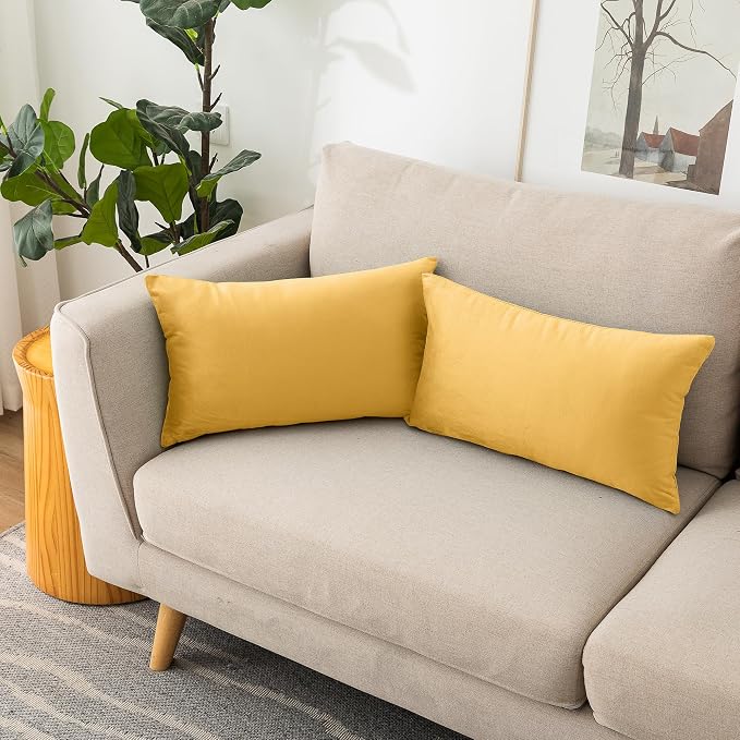 NiNi ALL Yellow Velvet Throw Pillow Covers 12x20 Pack of 2 Decorative Couch | Soft Solid Cushion Squar Pillow Cases for Chair Sofa Bedroom Farmhouse Living room Modern Luxury Home Decor Fall Halloween