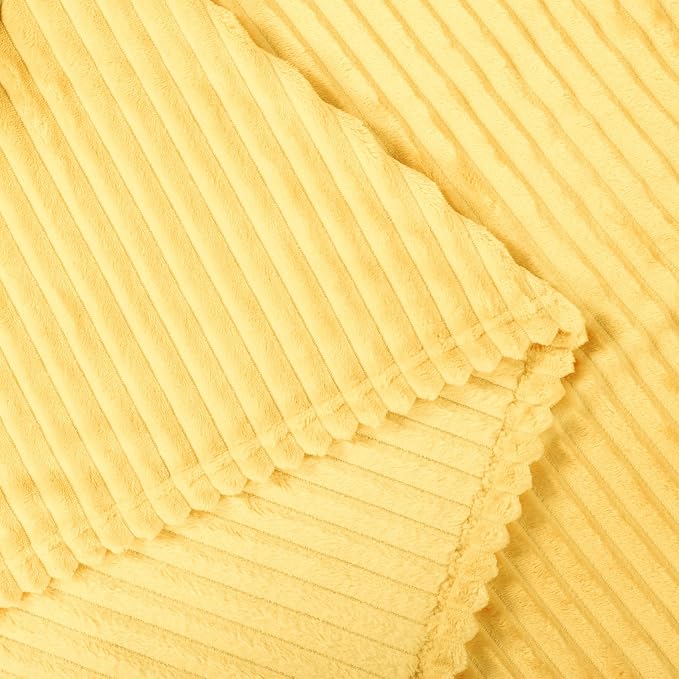 Vessia Flannel Fleece Throw Blanket, 300GSM Cozy Light Yellow Striped Throw Blanket for Couch, Sofa and Bed, Warm and Soft Cozy Pale Yellow Microfiber Ribbed Decor for All Season