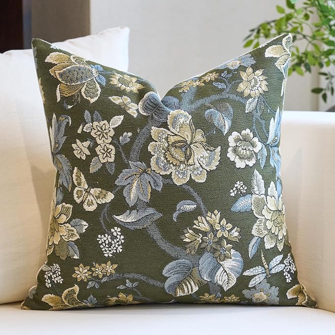 Neutral Floral Pillow Cover 18x18, Vintage Linen Square Pillow Cover Soft Decorative Farmhouse Accent Pillow Cases for Couch Bedroom Living Room Home Decor, Green
