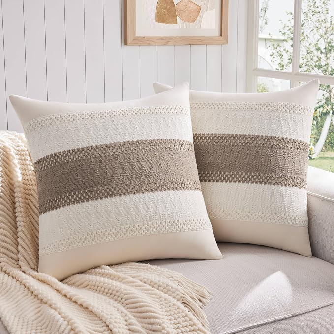 2 Pack Boho Throw Pillow Covers, Contrast Cocoa Brown 24x24in | Soft Breathable Cotton, Farmhouse Decorative Couch Pillow Cases, Cushion Covers for Sofa Bed Living Room Home Decor