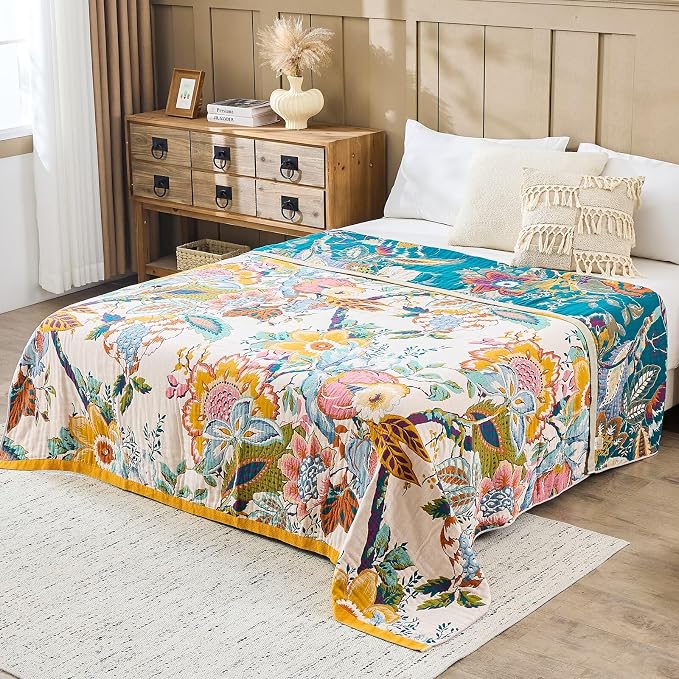 XIBLC Boho Throw Blanket 100% Cotton Vintage Blanket Muslin Woven Flower Decorative Throw Blankets All Season Bohemian Rustic Farmhouse Decor Quilt for Bed (Yellow 60"x80")