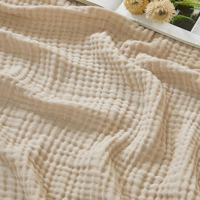 EMME Cotton Muslin Queen Blanket Bed Layering Bedspread Coverlet Breathable Gauze Soft Lightweight Blankets (Heather Beige, 90"x90")