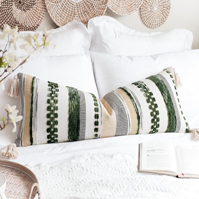 PANOD Boho Long Lumbar Throw Pillow Cover 14 x 36 Dark Green, Chenille Morocan Extra Long Pillow Case Cover, Decorative Long Pillow for Bed Couch Sofa Farmhouse